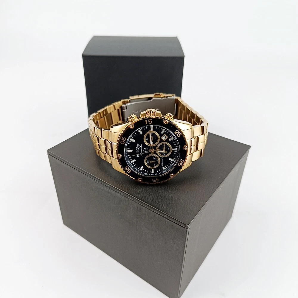 Bulova Marine Star New 98B406 Black Dial & Gold Steel Men's Quartz Watch 41.5mm